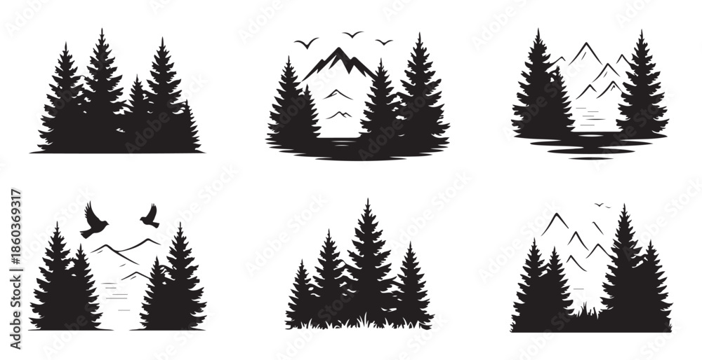 Obraz premium Forest scenery with pine trees and birds silhouette set on white background for travel logo design