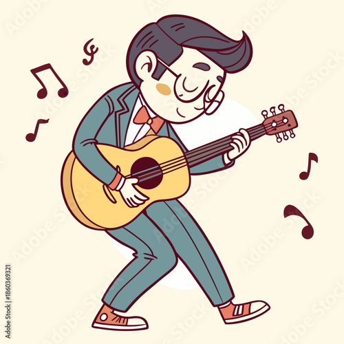 Joyful man playing acoustic guitar with musical notes