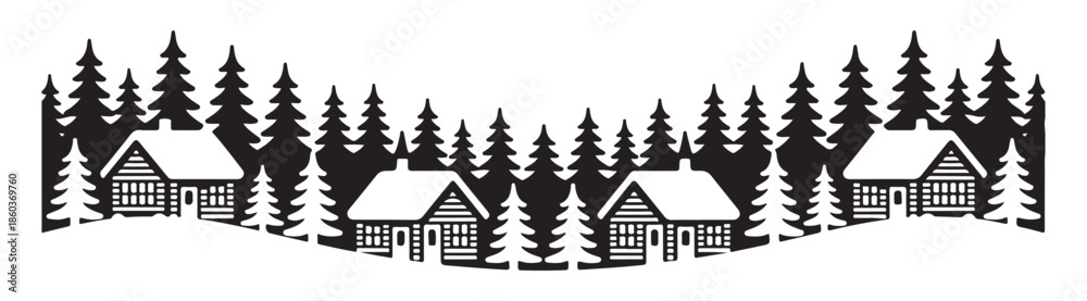 Obraz premium Winter scene with houses and pine trees in silhouette