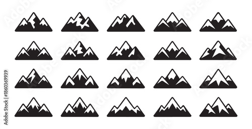 Extensive collection of fifty varied black and white mountain peak silhouettes for extreme sports emblems