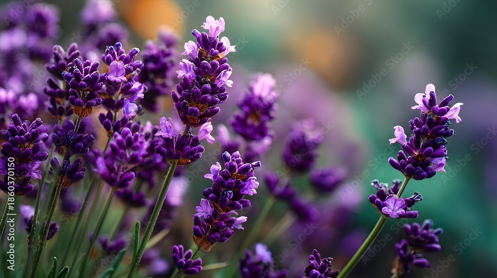 Obraz premium Macro photography of purple lavender flowers in bloom showing sharp details on petals with a shallow depth of field and creamy green bokeh.