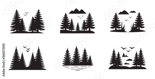 Mountain ridge linear icons outdoor scenery silhouettes hiking peak landscape collection vector art