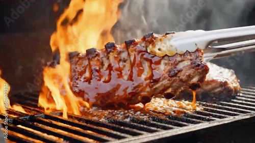 Slow motion video of juicy pork ribs being flipped with metal tongs on smoking hot charcoal grill with fire flames