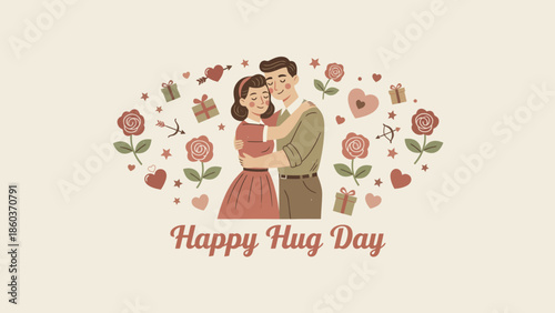 Happy Hug Day illustration celebrating love and connection with vintage couple and floral elements