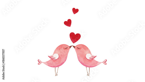 Sweet little birds sharing a tender moment, exchanging kisses with heart-shaped symbols floating above, symbolizing love and affection