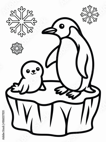 Adorable penguins on an iceberg isolated on white background, Vector, illustration