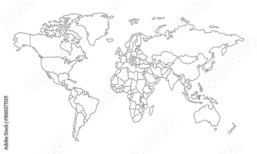 Wallpaper Mural Minimal World Map Outline with Country Borders on White Background – Clean Line Art Global Map Vector Torontodigital.ca