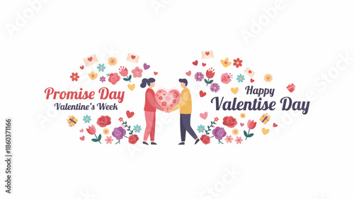 Sweet Valentine's Week Moment A Couple Shares a Heart, Embodying Love and Commitment Amidst a Flourish of Colorful Blossoms and Romantic Sentiments