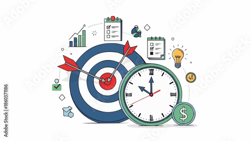 Time Management and Goal Achievement Illustration with Target and Clock.