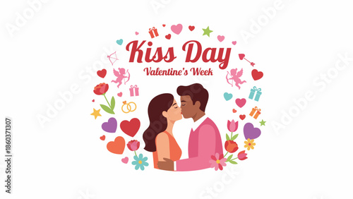 Heartfelt illustration of a loving couple sharing a tender kiss, surrounded by joyful symbols of enduring affection, celebrating romance and togetherness
