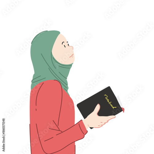 A woman is thinking about her plan in a notebook.