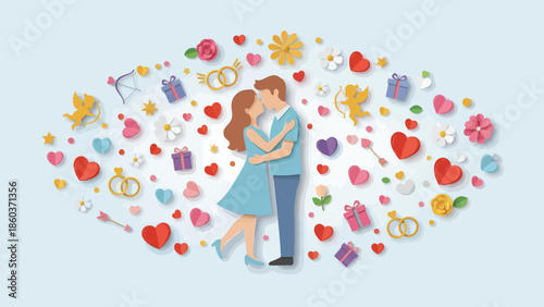 Whisk Couple Embracing Amidst Hearts, Flowers, and Cupids A Romantic Celebration of Love and Devotion