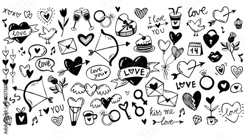 Collection of Hand-Drawn Valentine's Day Icons and Symbols, Perfect for Romantic Designs and Celebrations