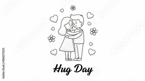 Sweet line art illustration of a loving couple embracing, surrounded by hearts and flowers, symbolizing affection and togetherness on a special romantic day