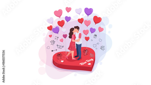 Happy Valentine's Day illustration of a couple embracing on a heart-shaped platform surrounded by balloons and romantic symbols
