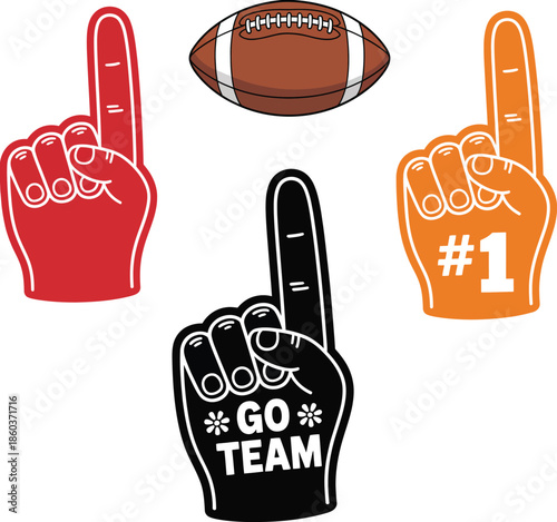 foam fingers in red, orange, and black, accompanied by brown American football, vector illustration on white background, perfect for fan support, team spirit, and sports event graphics.