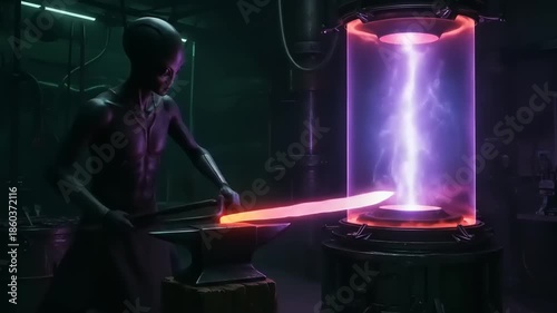 Blacksmith Forging Hot Metal with Electric Furnace.