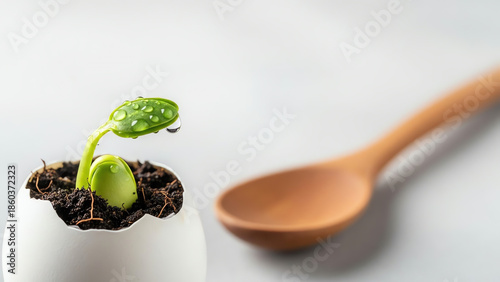 Green plant growing in eggshell with soil beside wooden spoon  