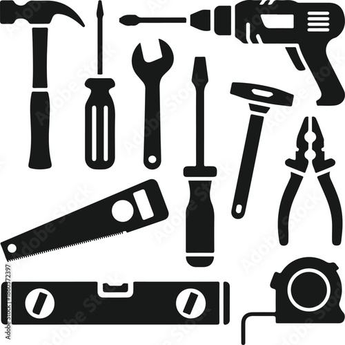 An assortment of common hand and power tools displayed in a black silhouette style