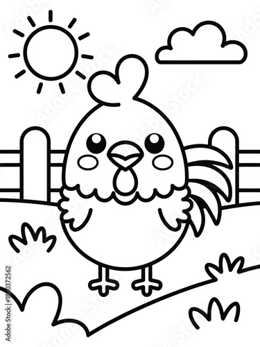 Cheerful chicken in sunlit field isolated on white background, Vector, illustration