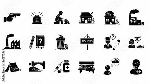 Collection of social issues and problems icons representing various societal challenges.