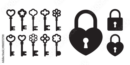 Set of vintage skeleton keys and heart shaped padlock icons for security