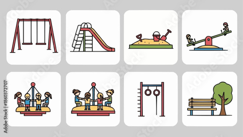 Collection of playground equipment and children playing.