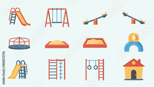 Collection of playground equipment and structures for childrens entertainment.