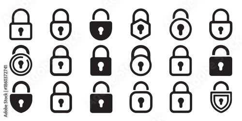 Assortment of minimalist padlock shapes with different keyhole styles in outline