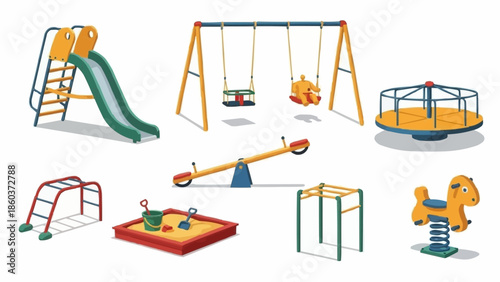 Collection of playground equipment for childrens fun and games.