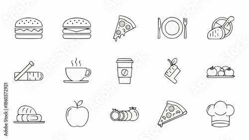 Collection of simple line art food icons for menus and design.