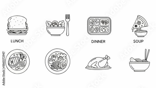 Collection of simple line art food icons representing different meals.