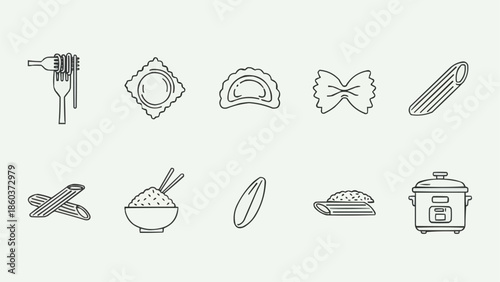 Collection of simple line art icons representing various food items.