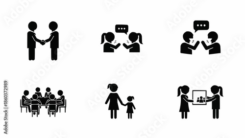 Collection of Simple Silhouettes Representing Social Interactions and Communication.