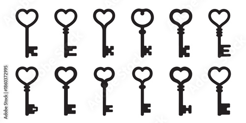 Set of vintage ornamental keys heart shaped icons collection. antique key symbol vector illustration
