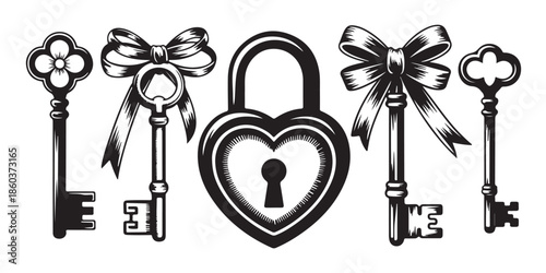 Set of vintage keys and heart shaped padlock with ribbons. antique lock symbol vector illustration