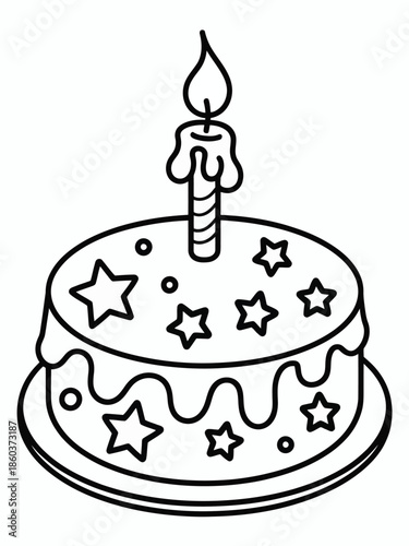 Birthday cake with single candle isolated on white background, Vector, illustration