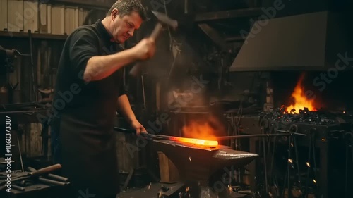 Blacksmith working hot metal in forge.