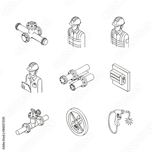Industrial illustrations: Engineers, pipes, welding, and mechanical components in isometric line art.