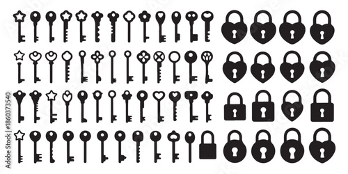 Various flat style skeleton keys and heart shaped padlocks for security concept