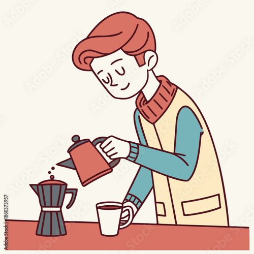 Man making coffee with moka pot and cup