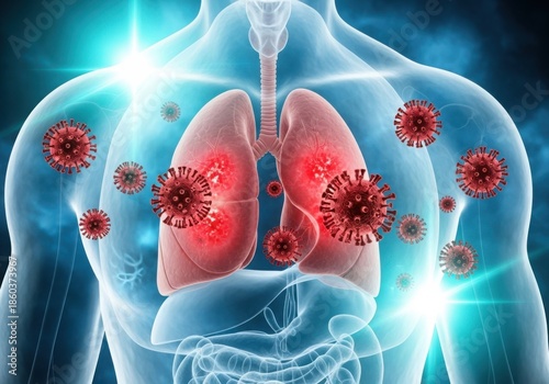 Microscopic view of virus particles attacking human lungs