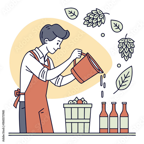 Man making craft beverage pouring ingredients for brewing