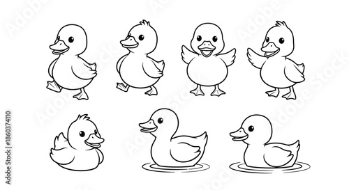 A delightful collection of cute cartoon ducklings in various playful poses and activities, perfect for coloring pages and children's crafts.