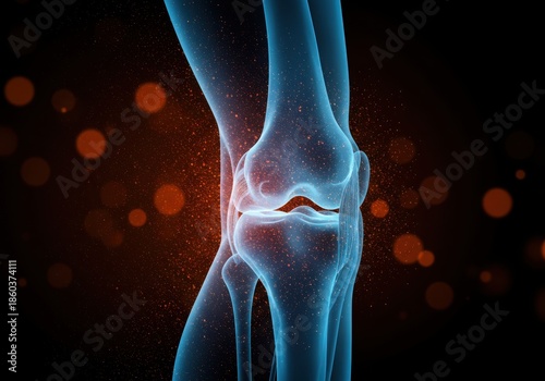 Close up 3d medical illustration of a human knee joint with inflammation