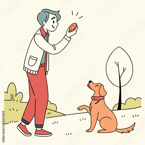 Man training his dog with a treat outdoors