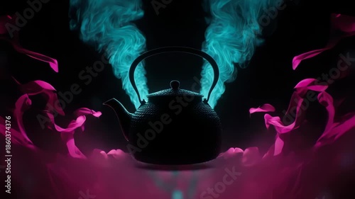 A black, textured teapot amidst vibrant blue and pink swirling vapor, dark background