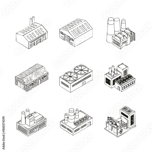 Isometric Industrial Buildings Line Art Vector Set for Factory, Warehouse, and Production Plant Design Elements.