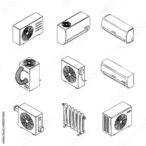 Isometric line art collection of various HVAC components including air conditioning units, outdoor condensers, and a classic radiator for climate control concepts.
