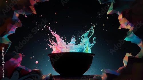 Vibrant multicolored liquid splashing out of a dark bowl, enclosed with sharp shapes